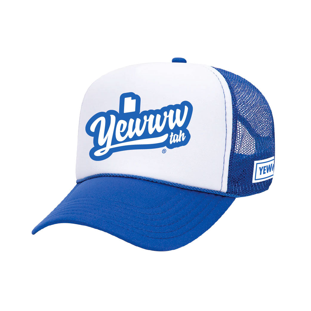 Blue and white foam trucker cap with printed 'Yewwwtah' logo on a white background