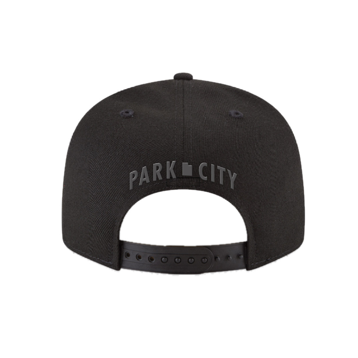 Black flat bill cap with embroidered 'Park City, UT' text on the back against a white background