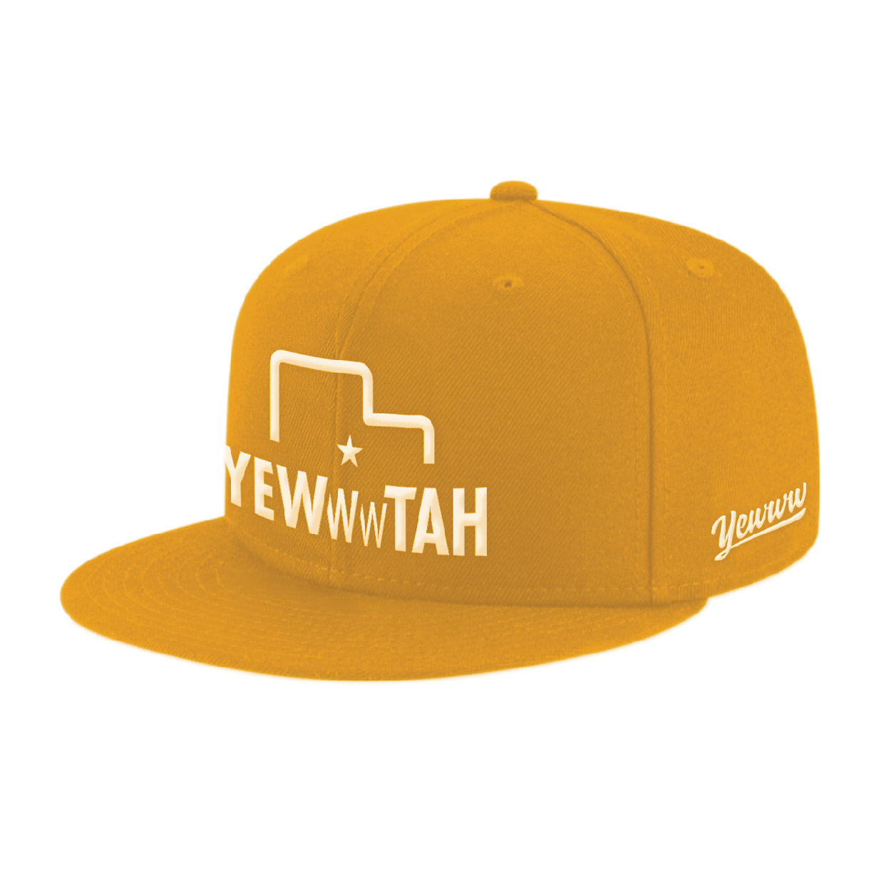 Yellow/gold flat bill cap with embroidered Yewwwtah and Yewww logos on a white background