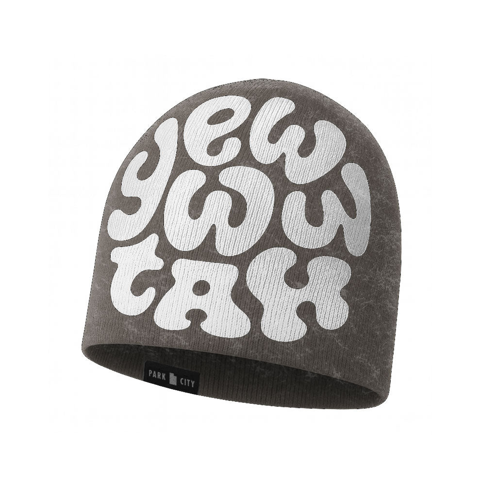 Gray beanie with white 'Yewwwtah' text and Park City, UT label on a white background