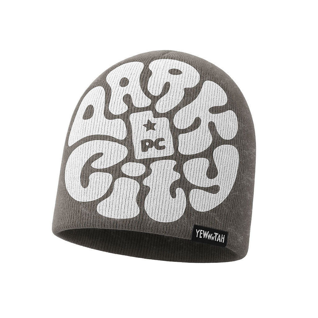 Gray beanie with 'Park City UT' text and 'YEWWWTAH' logo on a white background