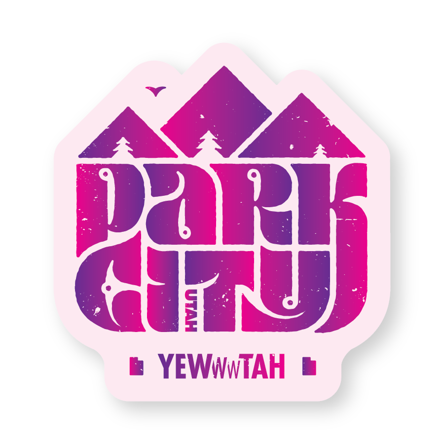 Sticker with 'Park City Utah Yewwwtah' text and mountain design on a white background