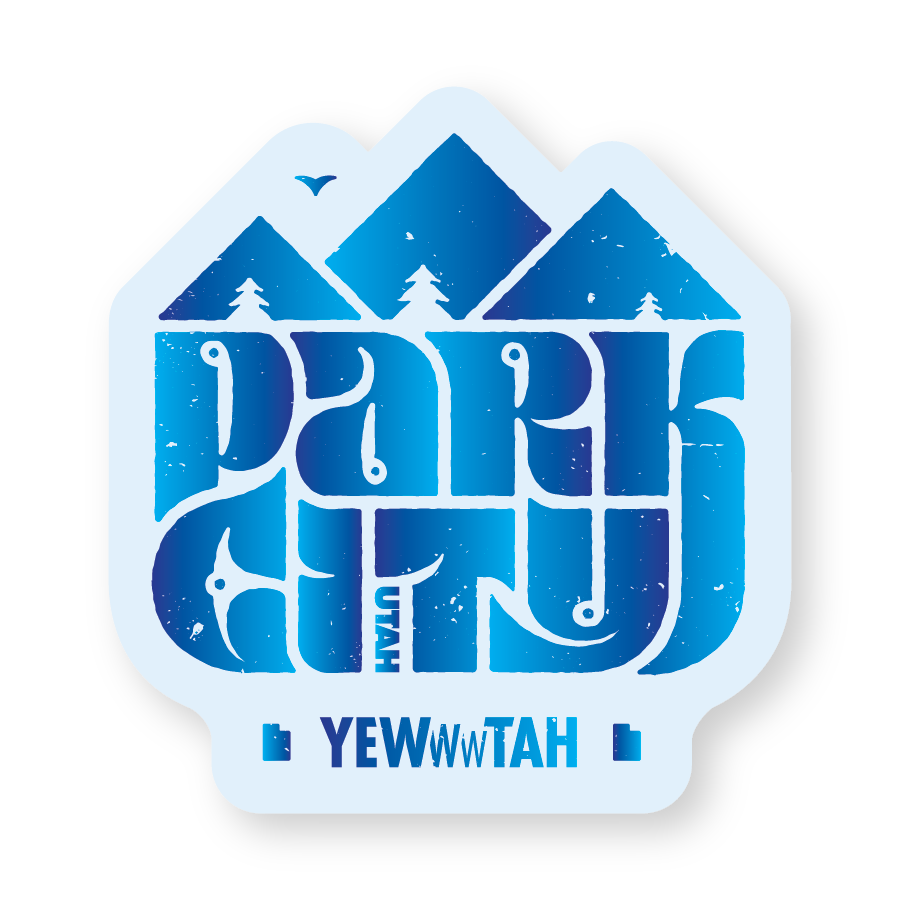 Sticker with mountain design and Park City Utah / Yewwwtah text.