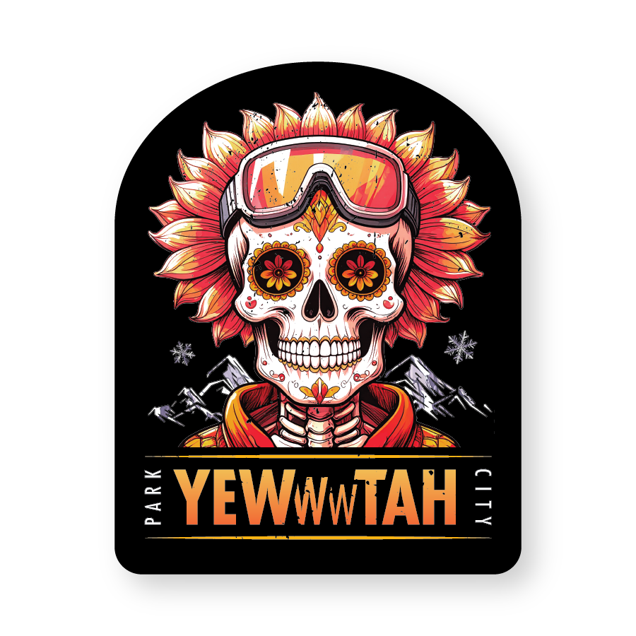 Candy Skull with goggles and sunflower design on a black background with 'Park City Yewwwtah' text.