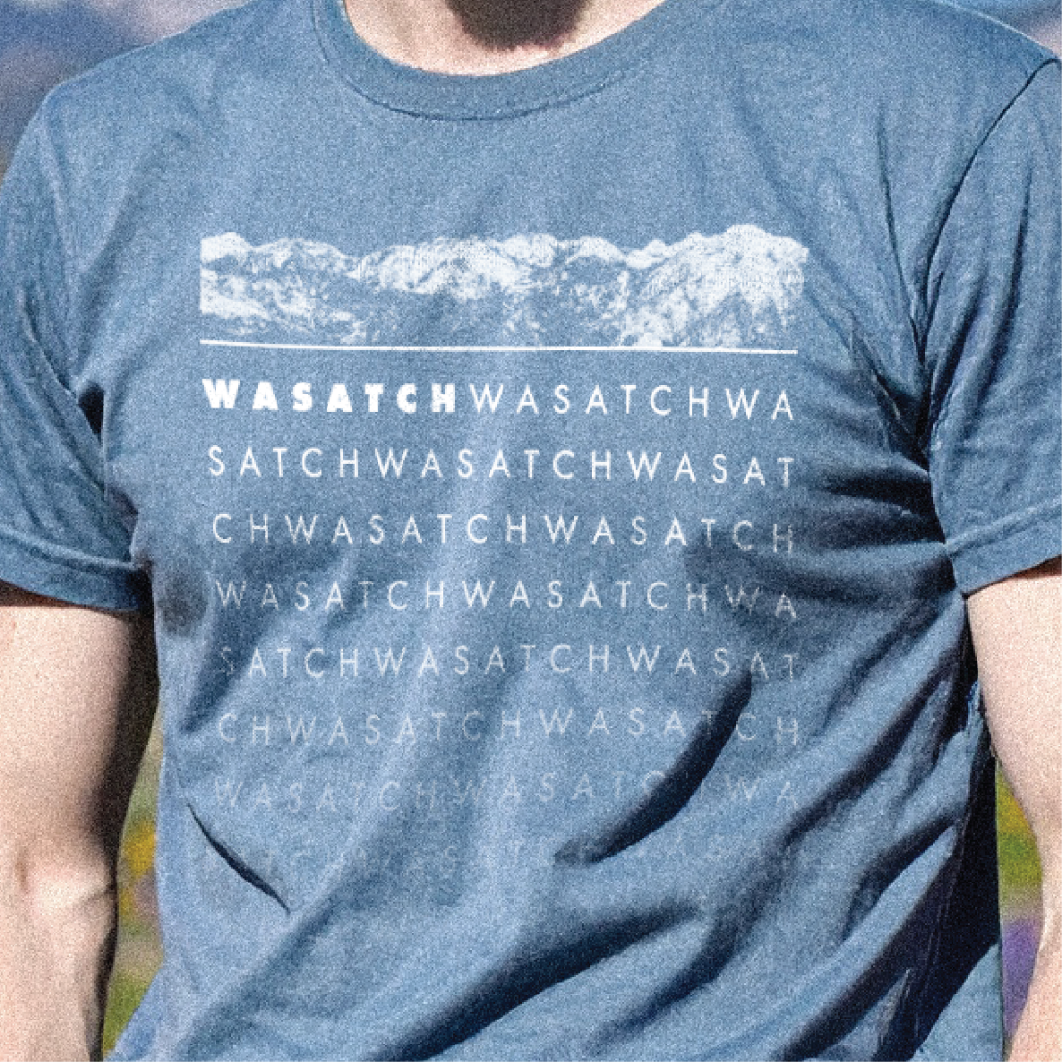 Blue t-shirt with 'Wasatch' text design worn by a person outdoors.