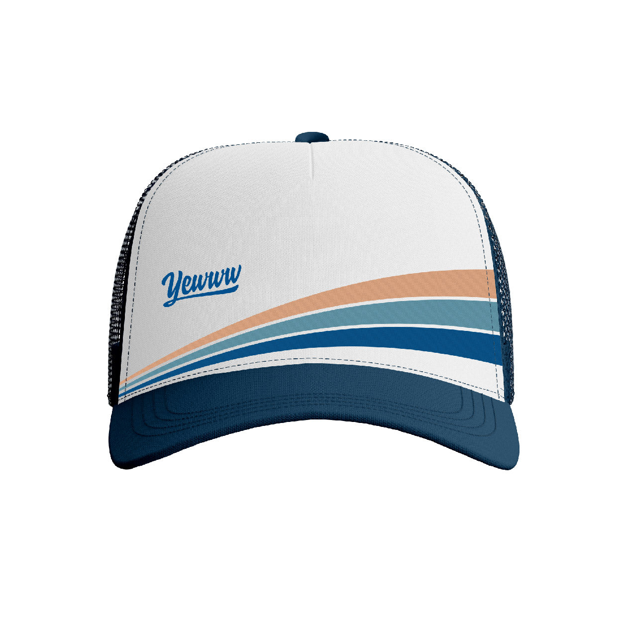 Trucker style hat with a curved bill that has three horizontal stripes with the word 'Yewww'