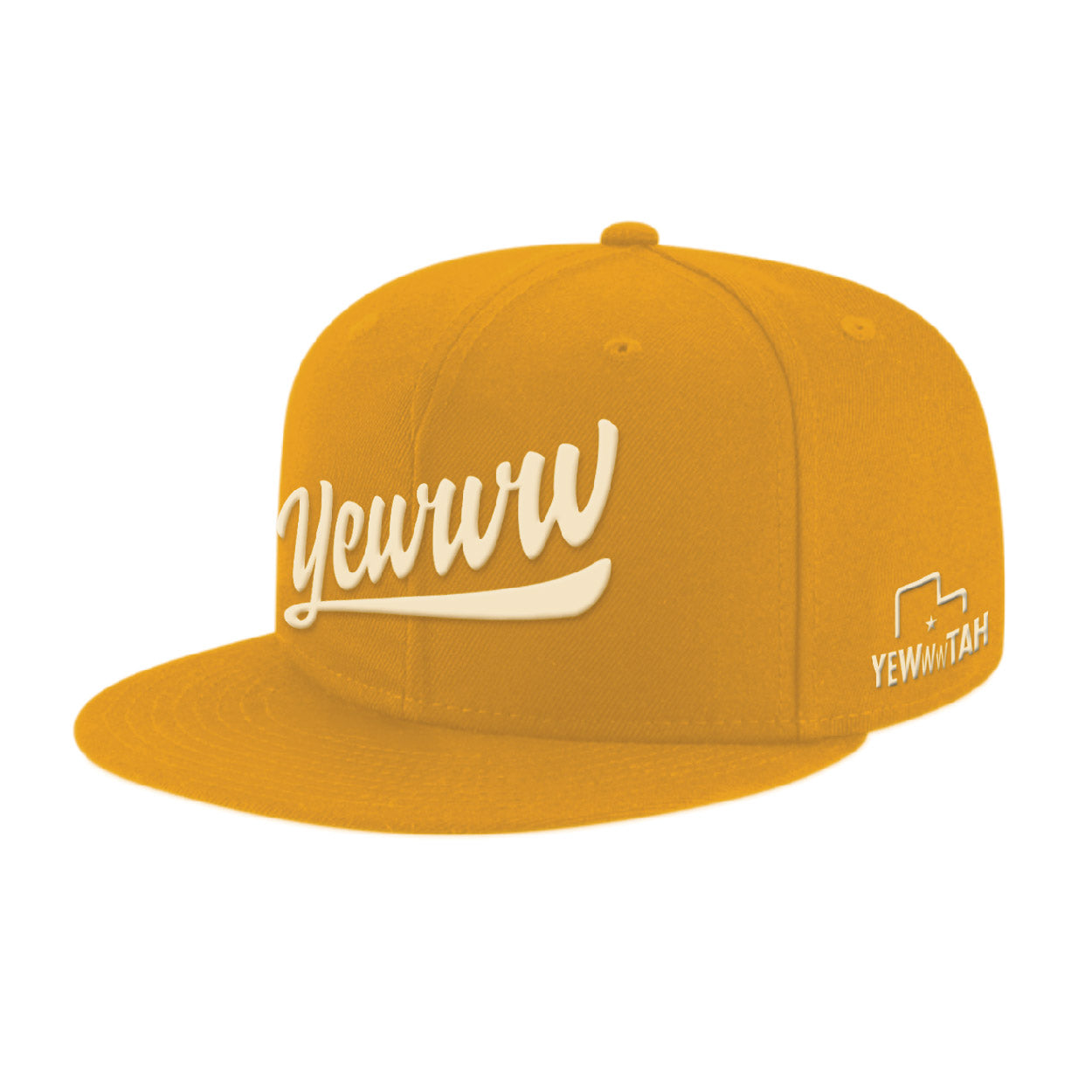 Yellow/gold flat bill cap with embroidered 'Yewww' and 'Yewwwtah' logos on a white background