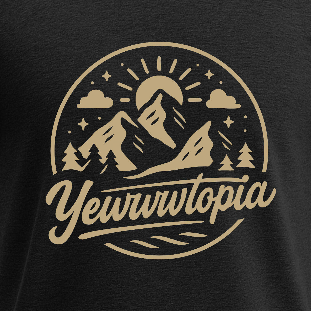 Black t-shirt with beige mountain and 'Yewwwtopia' design