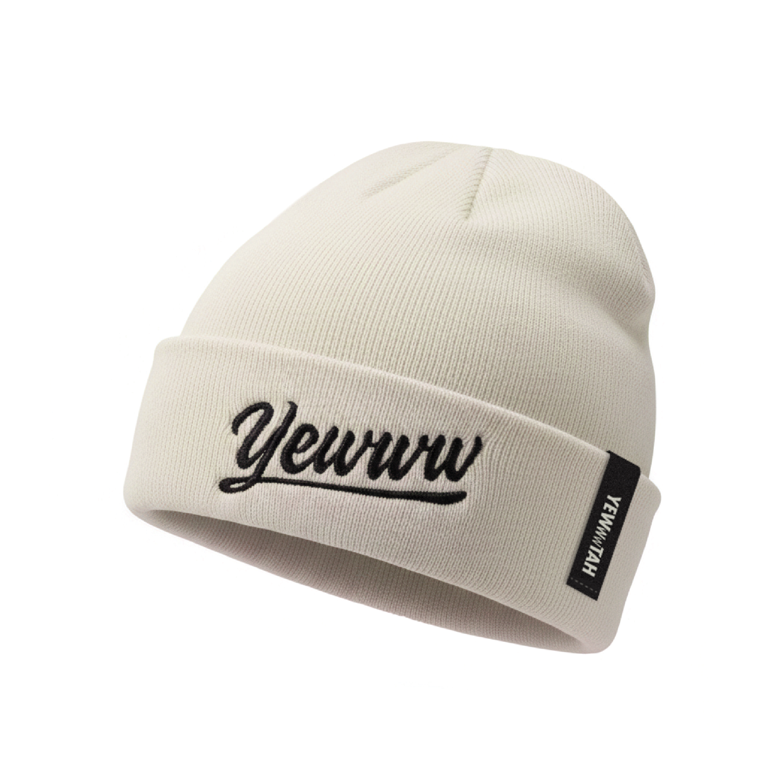 Beige beanie with embroidered 'Yewww' branding on a white background