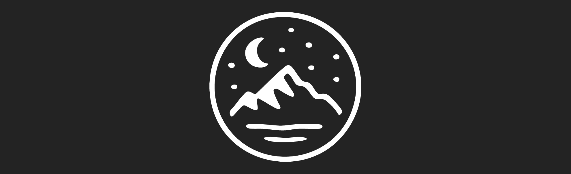 White circular logo with mountain and moon design on a black background