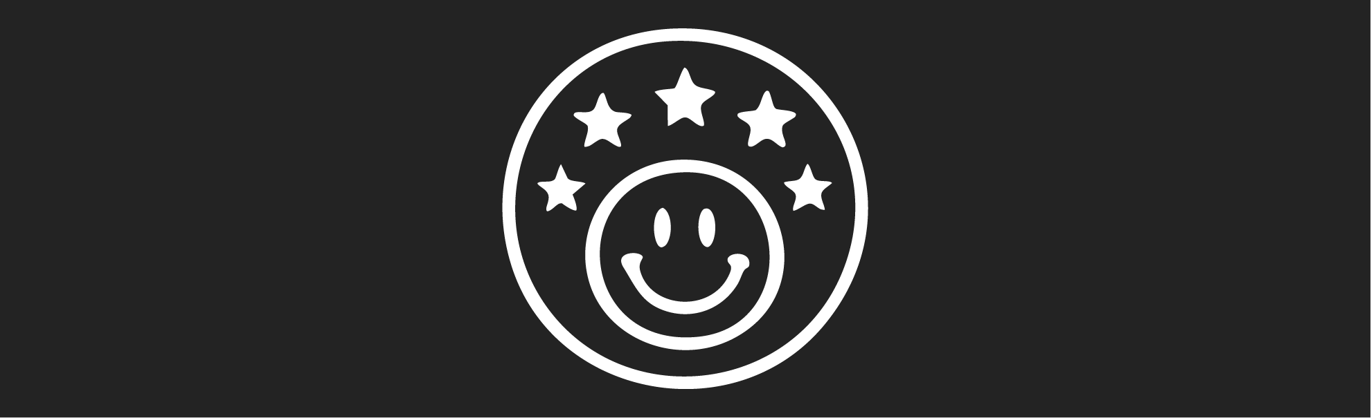 White smiley face with stars inside a circle on a black background