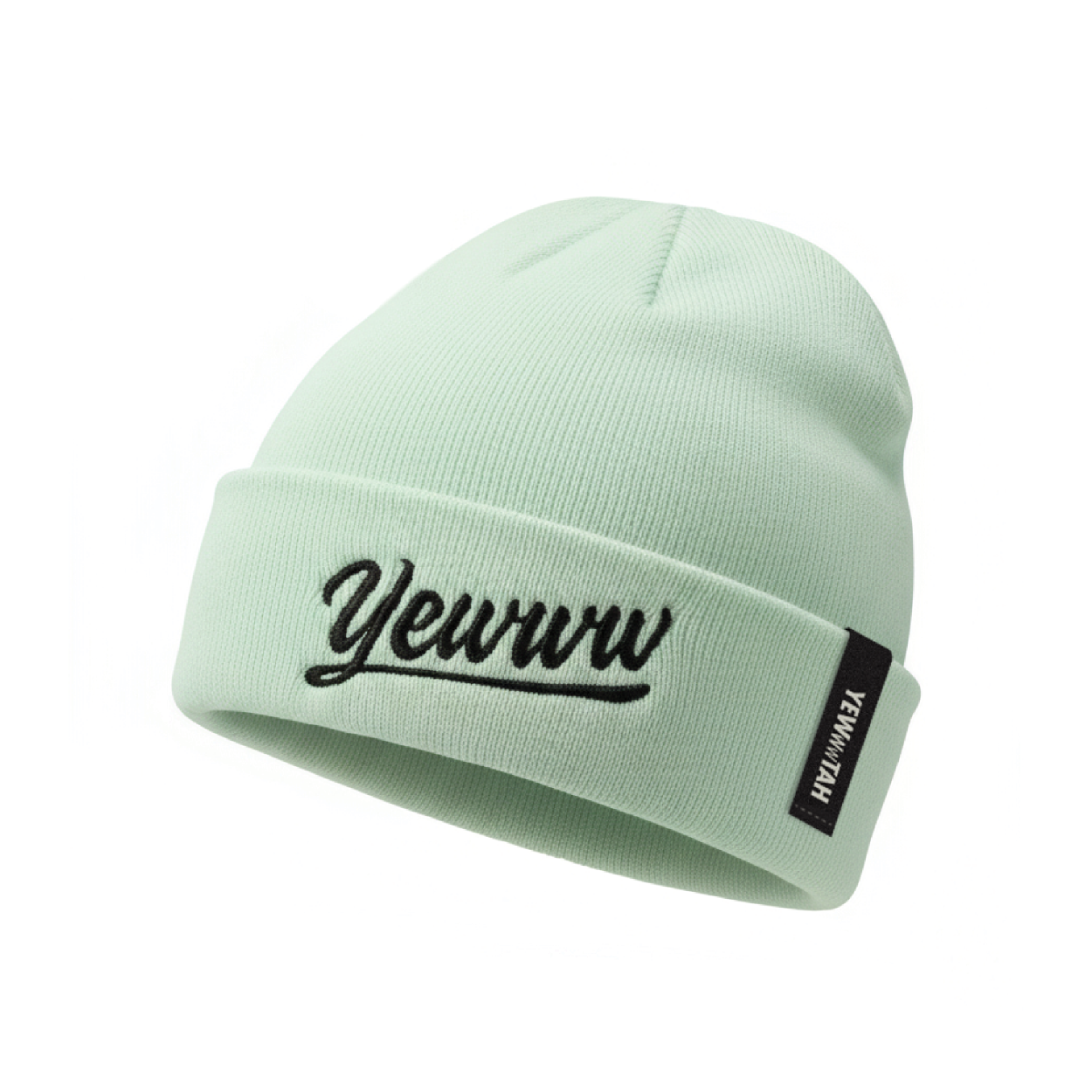 Mint green beanie with embroidered 'Yewww' branding on a white background
