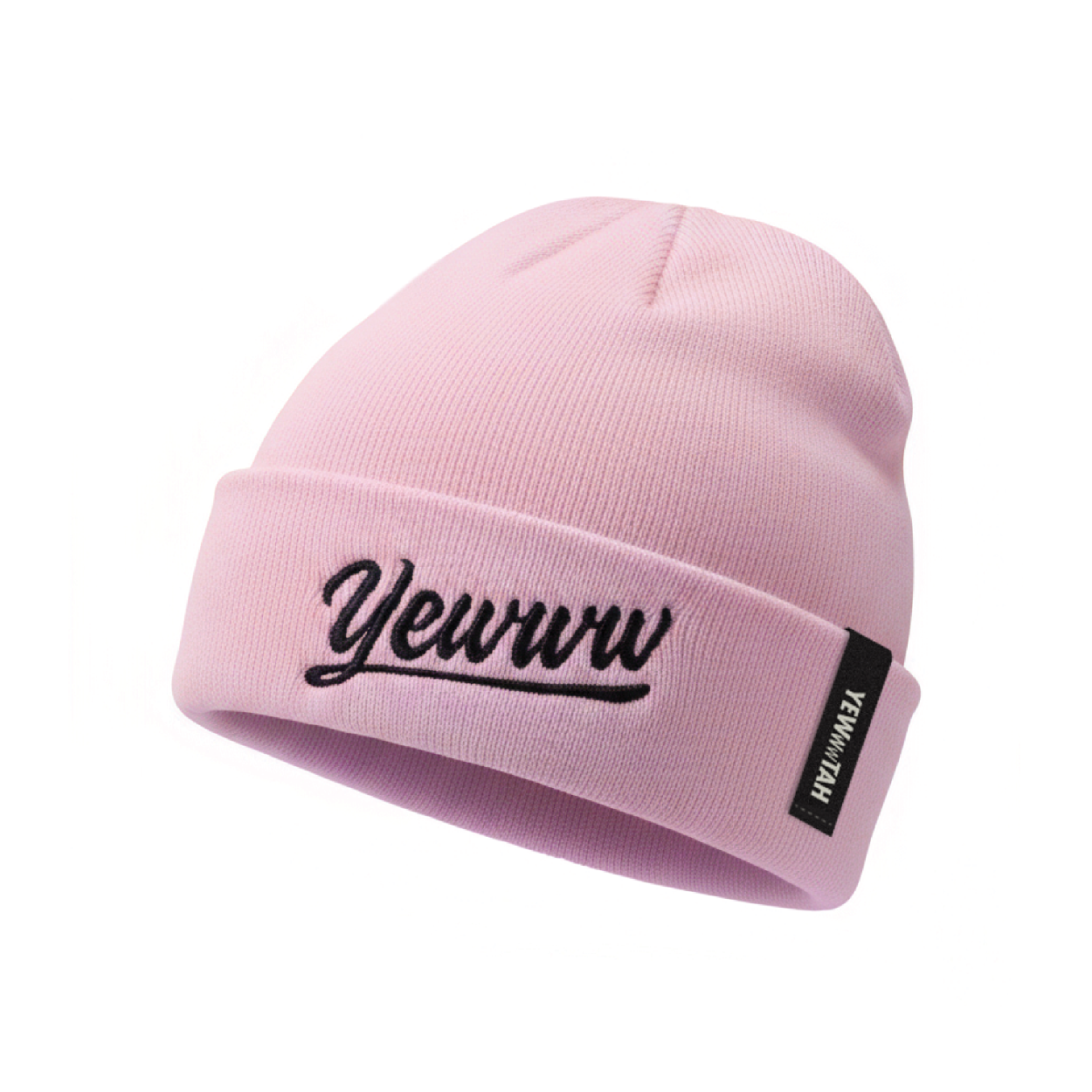 Pink beanie with embroidered 'Yewww' branding on a white background