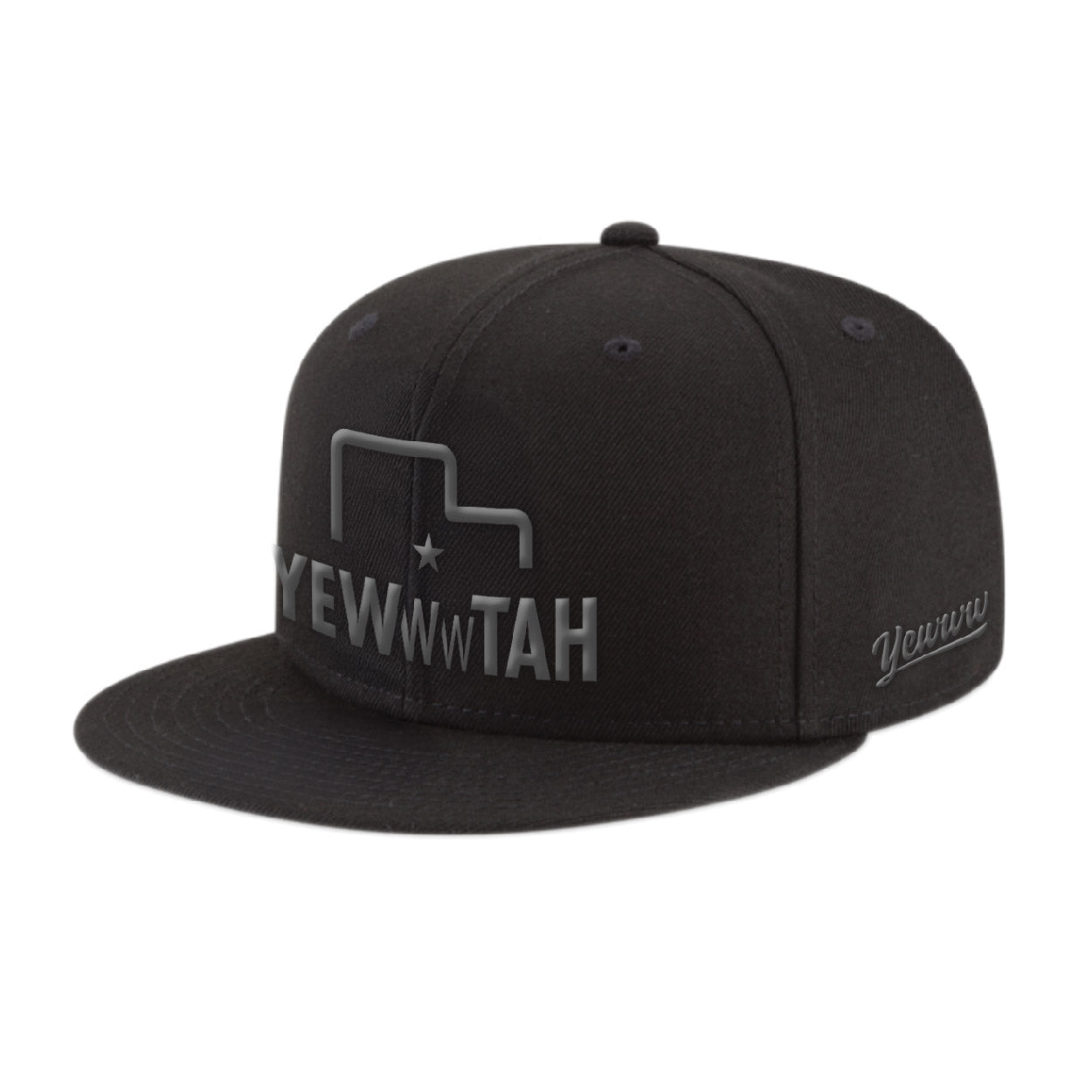Black flat bill cap with embroidered 'Yewwwtah' and 'Yewww' logos on a white background
