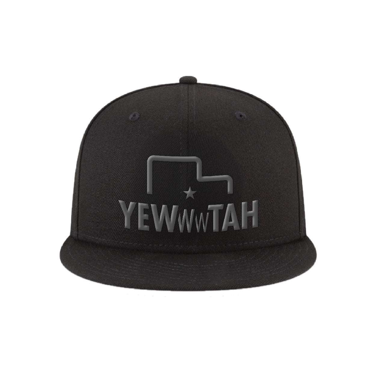 Black flat bill cap with embroidered 'YEWWWTAH'  logo on a white background