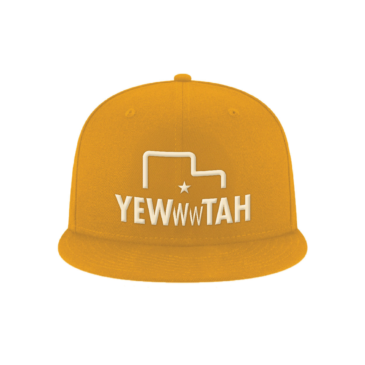 Yellow/gold flat bill cap with an embroidered 'YEWWWTAH' logo on a white background