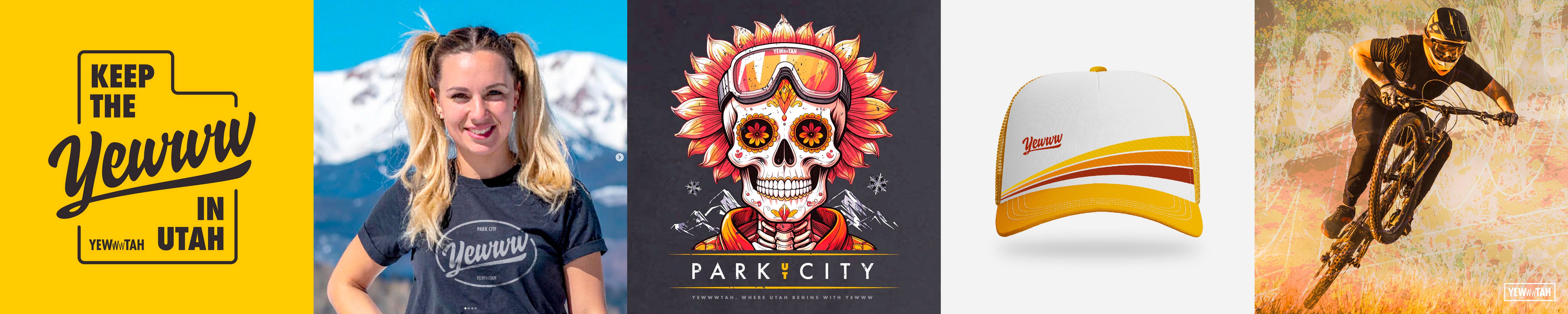 Collection of Yewwwtah Instagram images including a person with pigtails, a colorful skull design, a cap, and a mountain biker.