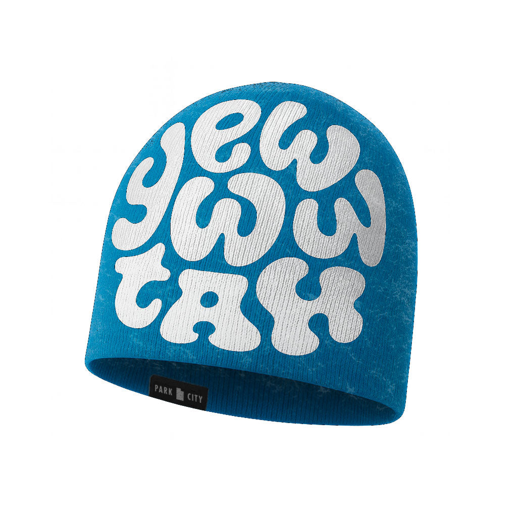 Blue beanie with white 'Yewwwtah' text on a white background and Park City, UT label
