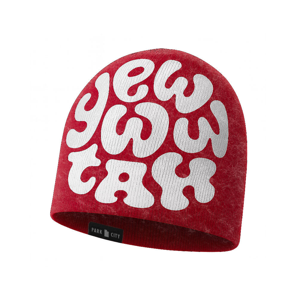 Red beanie with white 'Yewwwtah' text on a white background