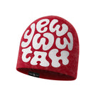 Red beanie with white 'Yewwwtah' text on a white background