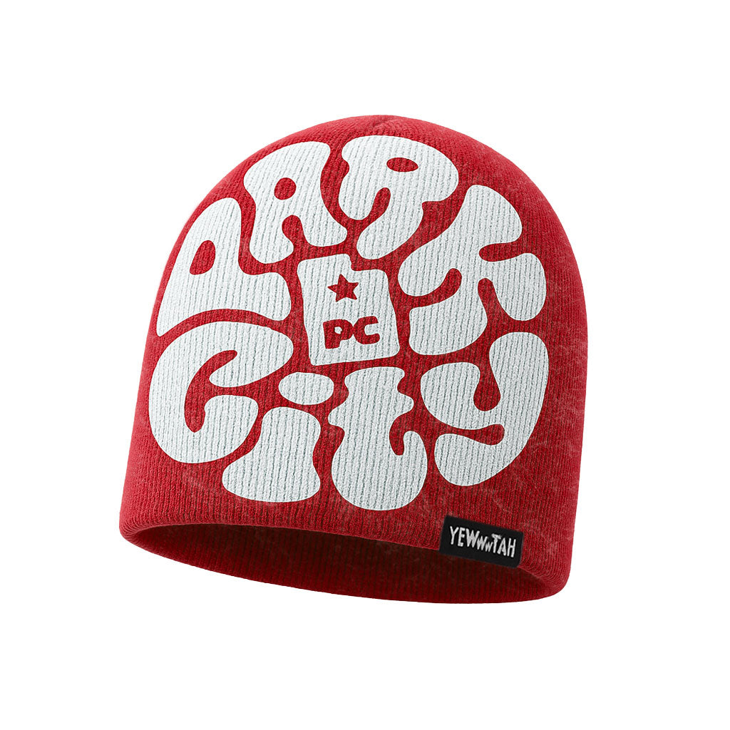 Red beanie with white 'Park City, UT' text and a star, featuring the brand 'YEWWWTAH'.