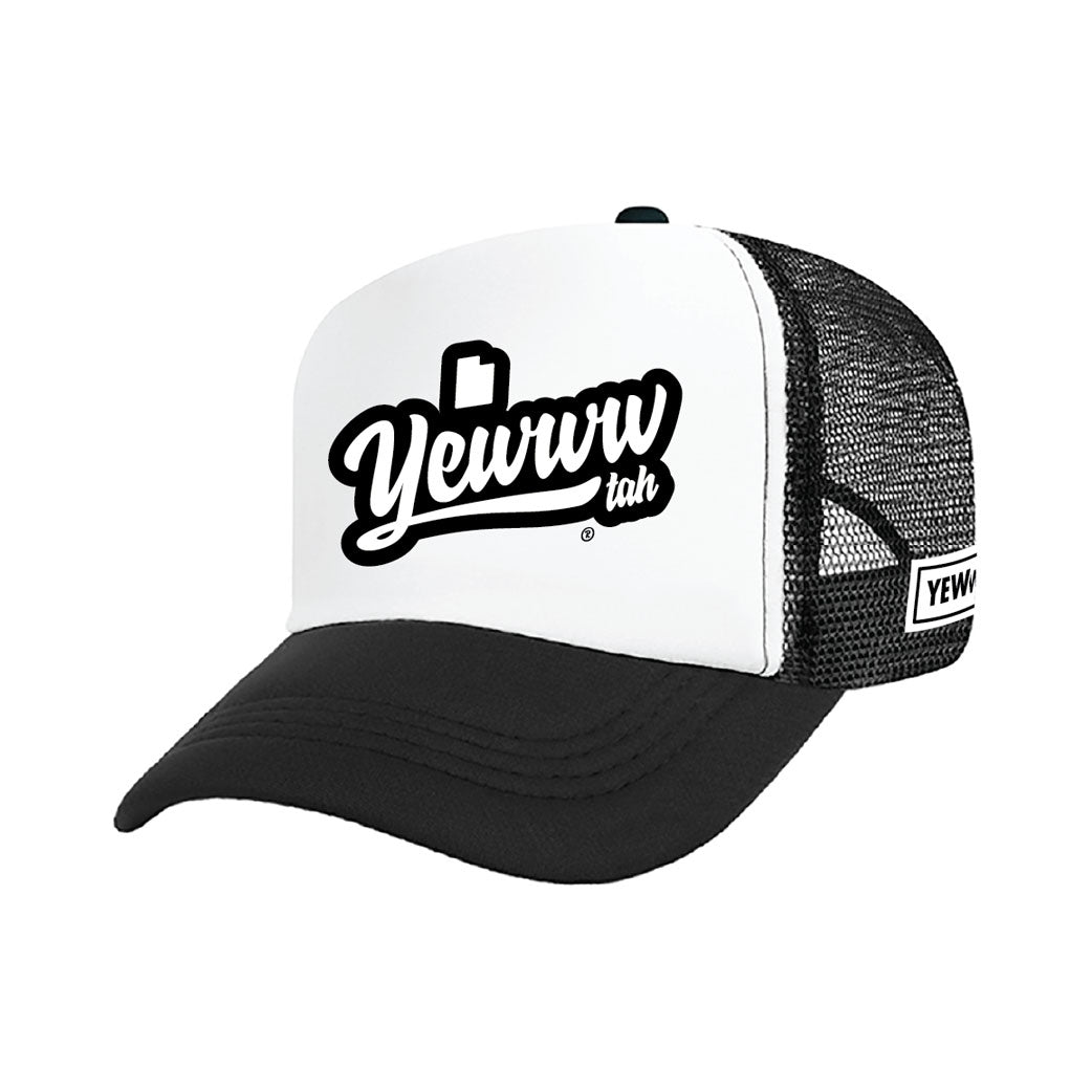 Black and white foam trucker hat with printed 'Yewwwtah' logo on a white background