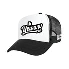 Black and white foam trucker hat with printed 'Yewwwtah' logo on a white background