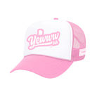 Pink and white foam trucker hat with printed 'Yewwwtah' logo on a white background