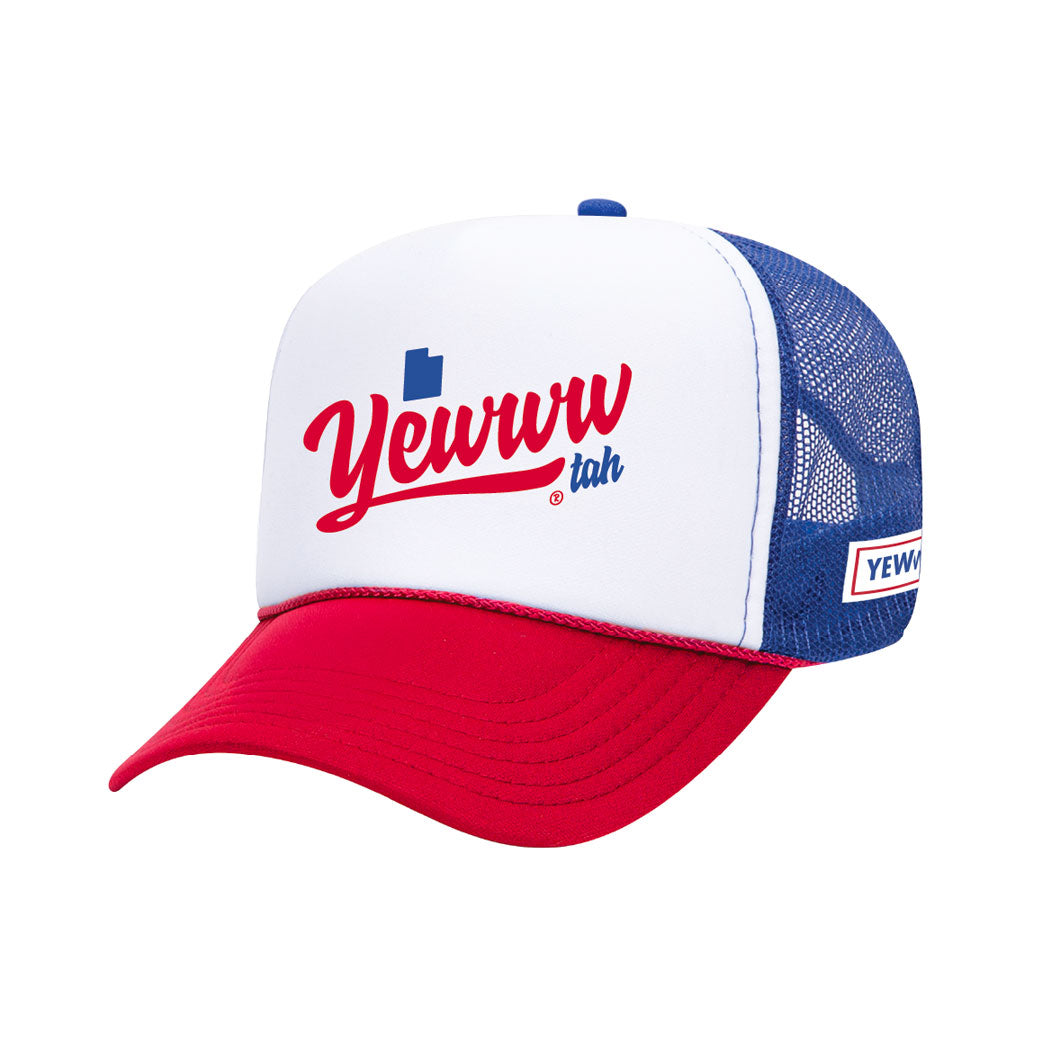 Foam trucker hat with red, white, and blue 'Yewwwtah' design on a white background