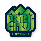 Park City Yewwwtah ogo with green text and mountain design on blue background