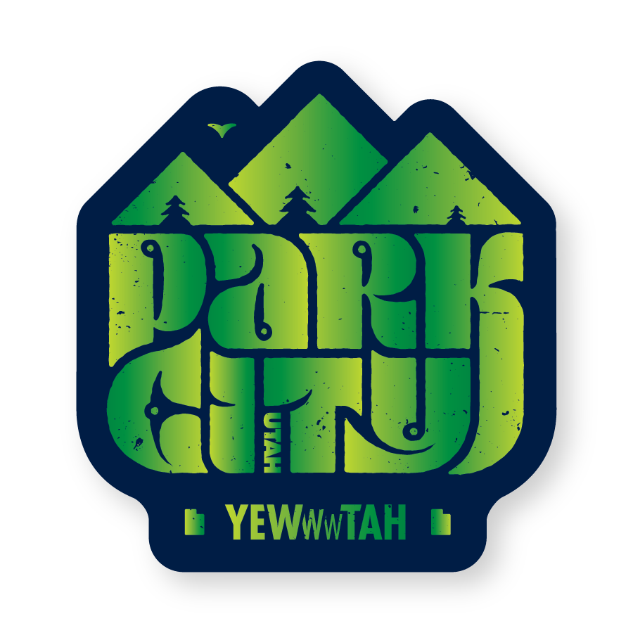 Park City Yewwwtah ogo with green text and mountain design on blue background