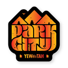 Sticker with 'Park City Utah Yewwwtah' design in orange / yellow featuring mountains and trees on a black background.