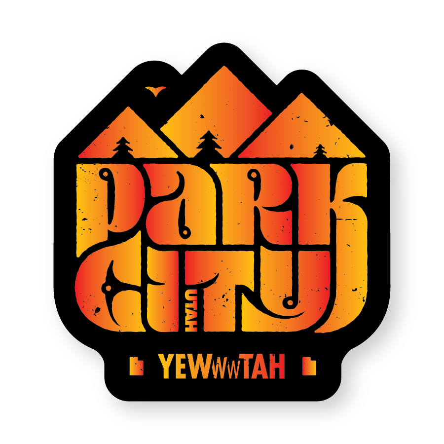 Sticker with 'Park City Utah Yewwwtah' design in orange / yellow featuring mountains and trees on a black background.