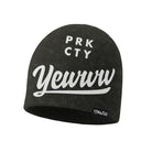 Black knitted beanie with white 'PRK CTY' and 'Yewww' logos on a white background