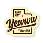 Sticker with 'Park City Yewww Yewwwtah' logo on a cream background