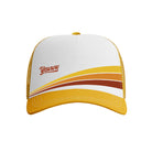 White and yellow cap with red text on a white background