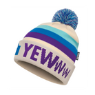 Beige beanie with blue and purple stripes and 'YEWW' text on a white background