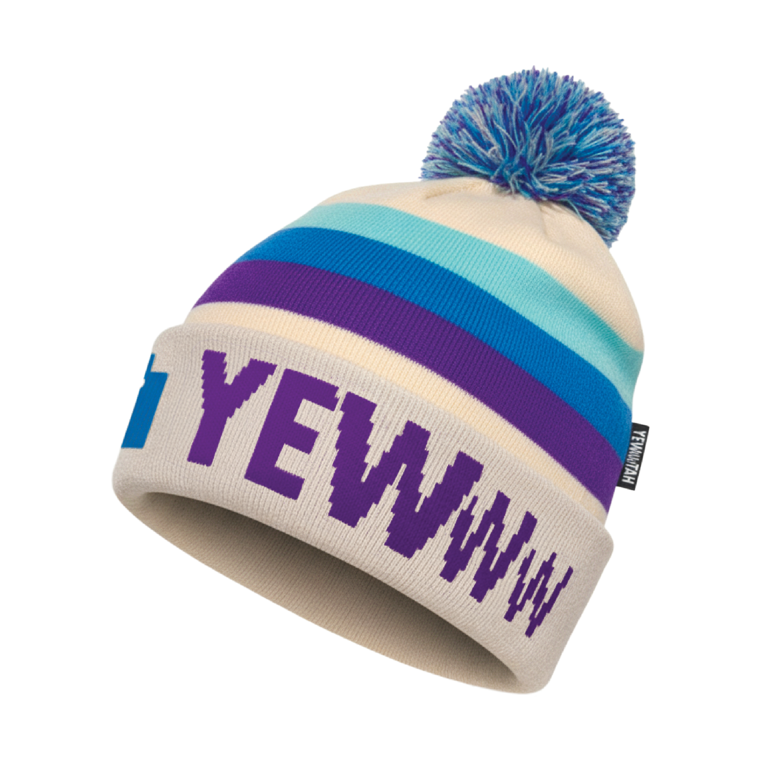 Beige beanie with blue and purple stripes and 'YEWW' text on a white background