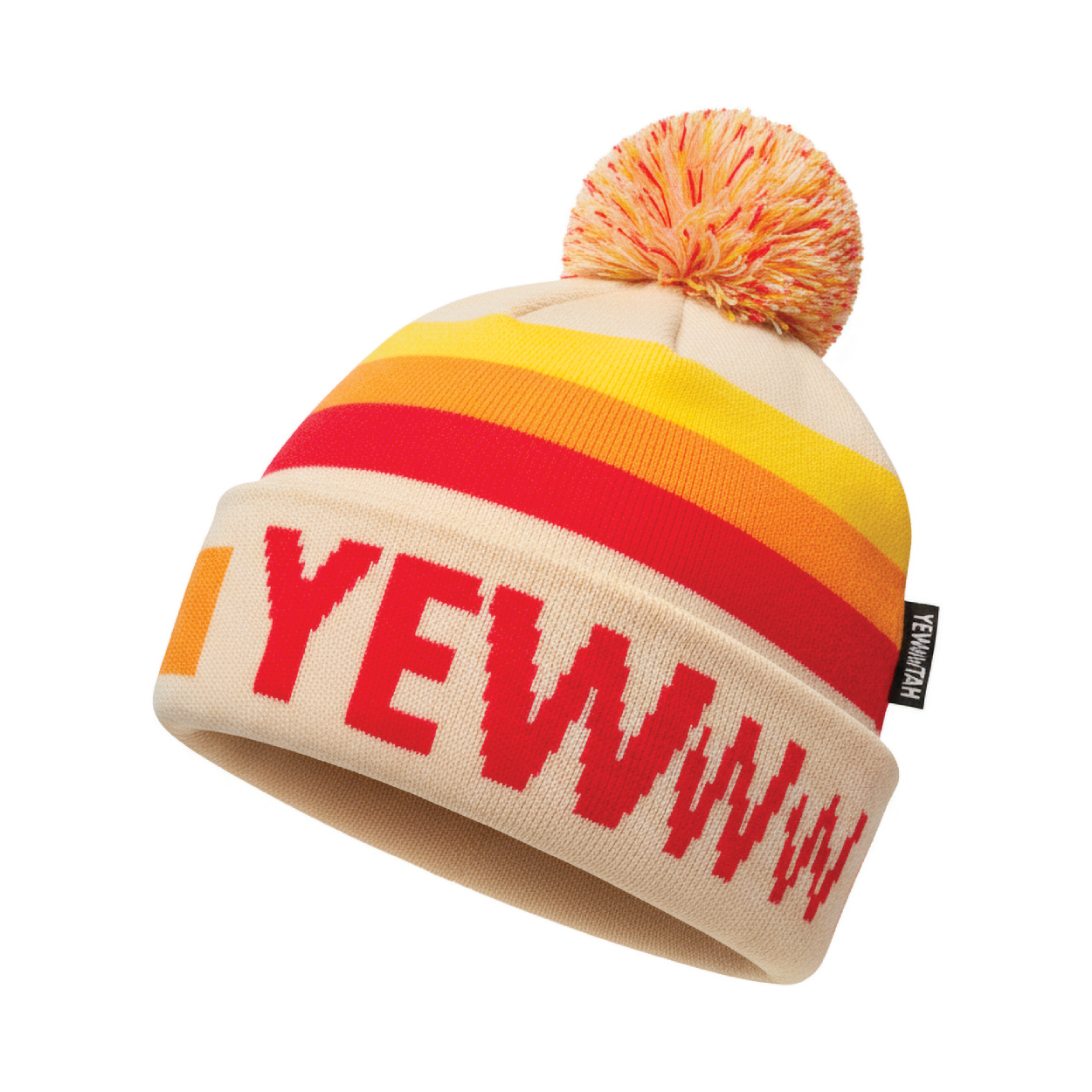 Colorful beanie with red text and orange pom-pom on a white background