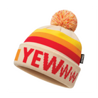 Colorful beanie with red text and orange pom-pom on a white background