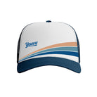 Trucker style hat with a curved bill that has three horizontal stripes with the word 'Yewww' 