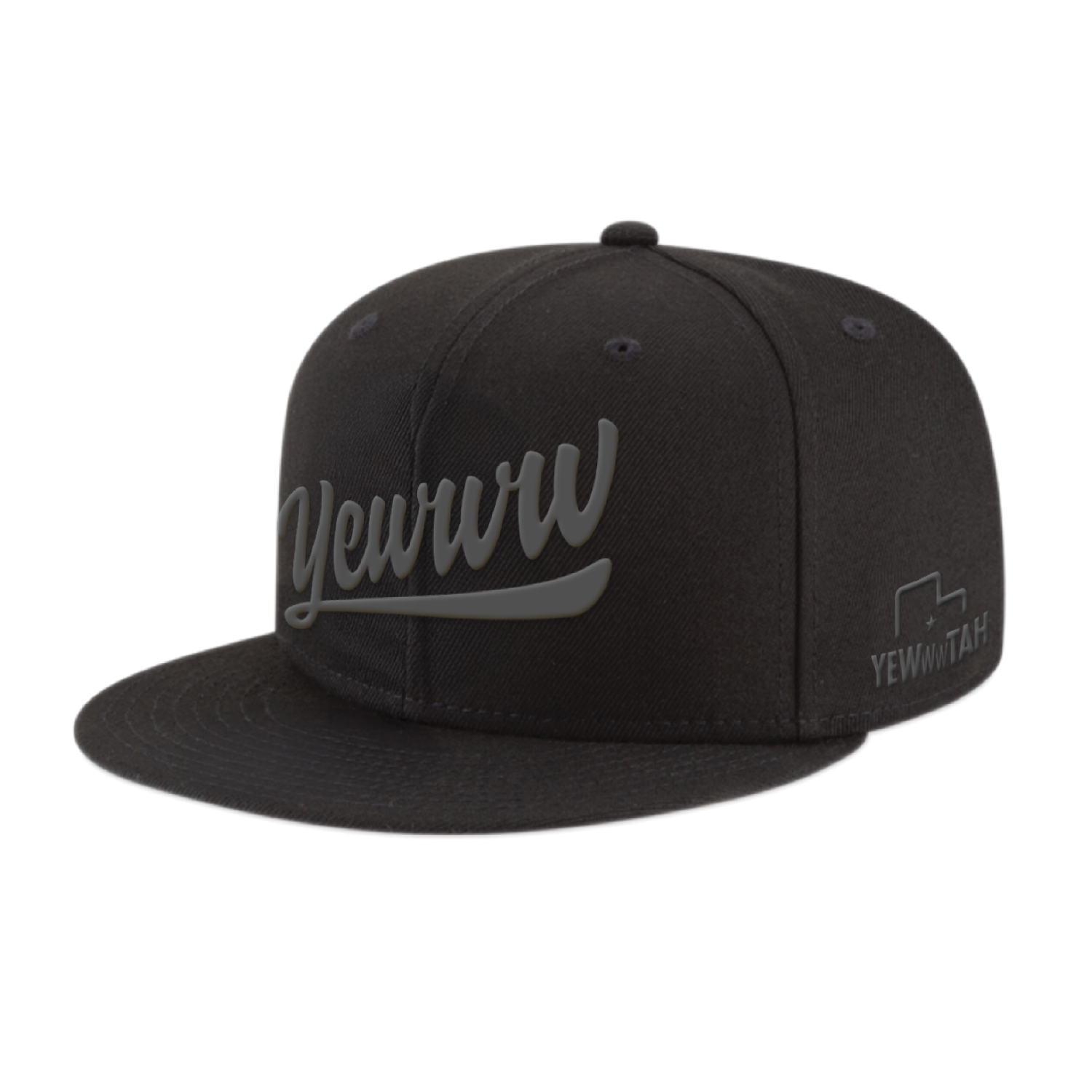 Black flat bill cap with embroidered 'Yewww' and 'Yewwwtah' branding on a white background