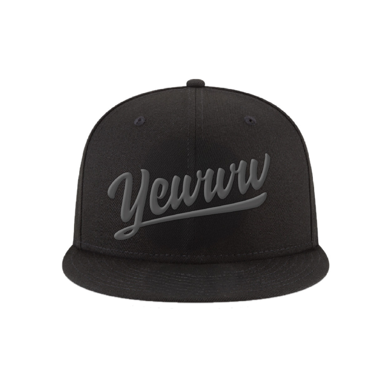 Black flat bill cap with embroidered 'Yewww' script logo on a white background