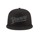 Black flat bill cap with embroidered 'Yewww' script logo on a white background