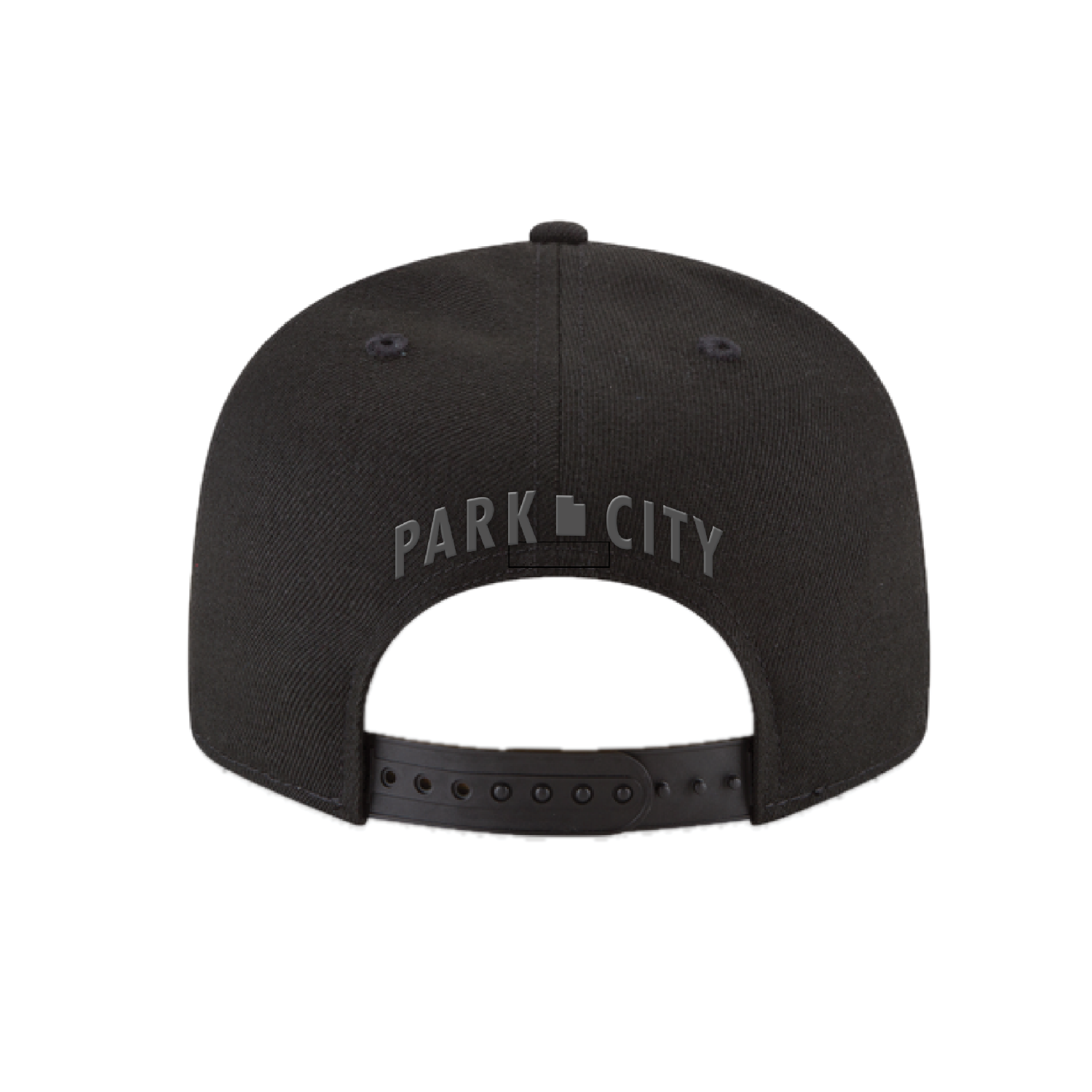 Black flat bill cap with embroidered 'Park City' text embroidered on a white background