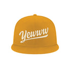 Yellow/gold flat bill cap with embroidered 'Yewww' logo on a white background