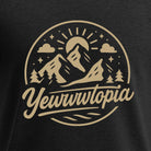 Black t-shirt with beige mountain and 'Yewwwtopia' design