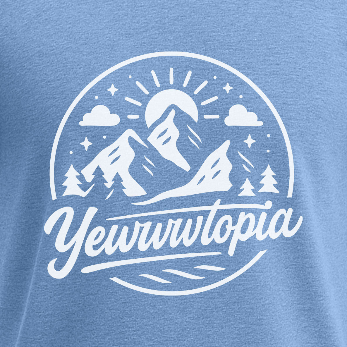 Blue t-shirt with white mountain and 'Yewwwtopia' design