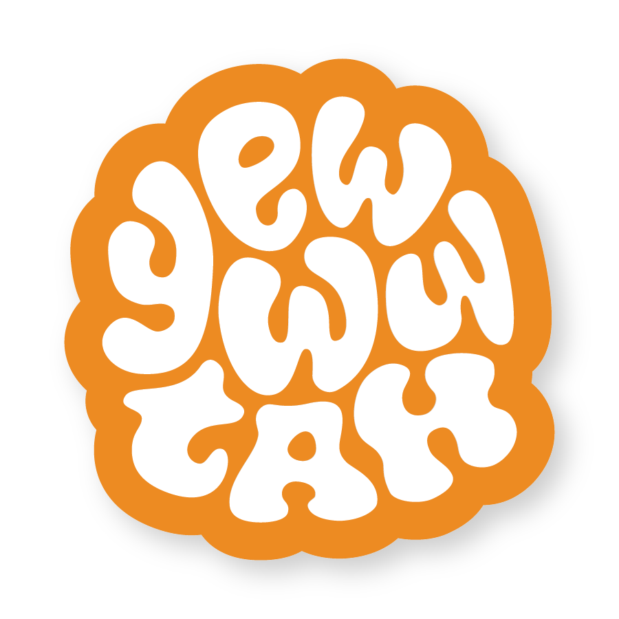 White hand-lettered sticker with 'Yewwwtah' text on an orange background